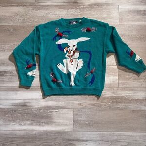 Vtg Rare L Holiday Traditions Teal Christmas Ugly Sweater Easter Bunny